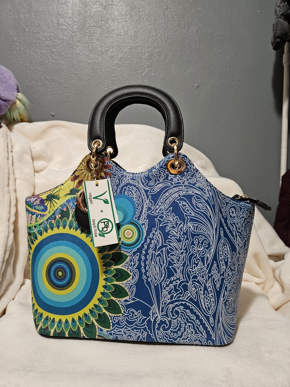 Vegan Blue & Green Patterned Satchel with Black Handles